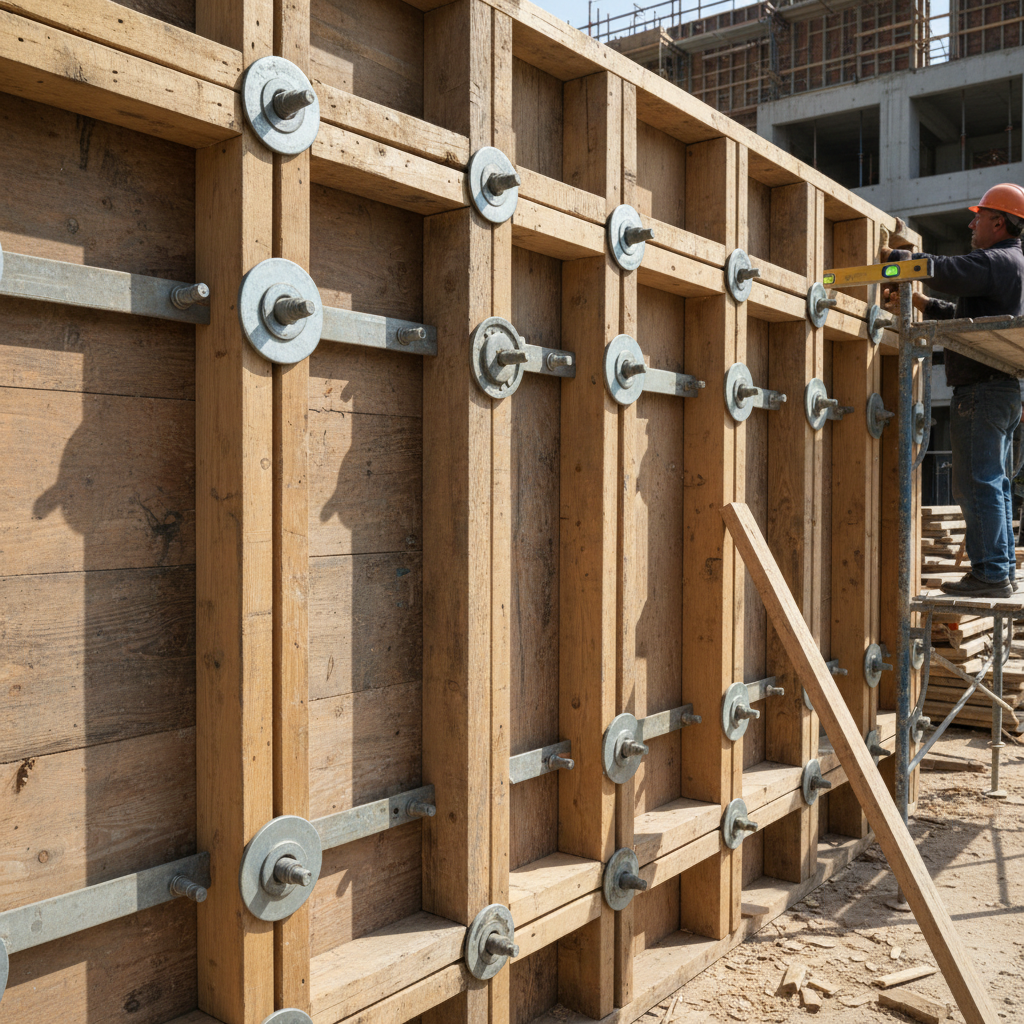 Concrete formwork panels being assembled on construction site with steel rebar visible