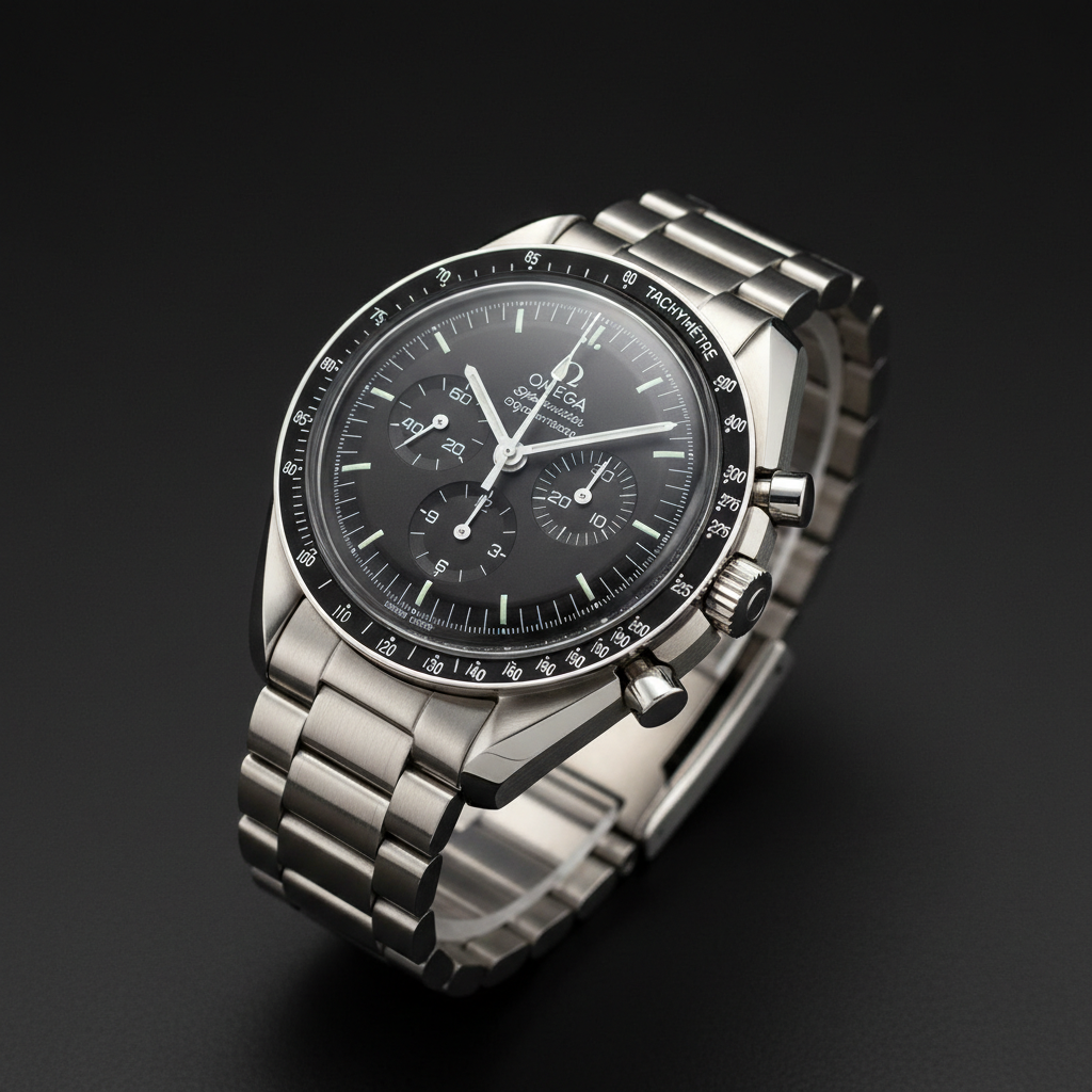 Omega Speedmaster Moonwatch chronograph on dark background showing tachymetre bezel and black dial