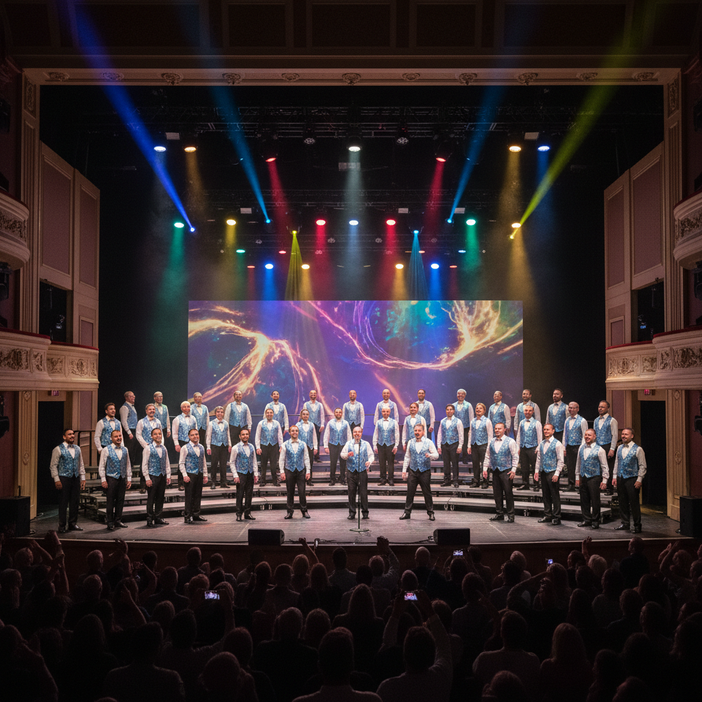 Gay Men's Chorus performing on stage at Broward Center with colorful stage lighting