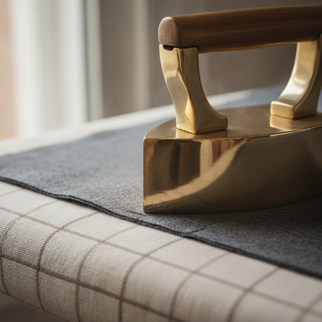 Brass iron pressing open a wool seam on a padded ironing board