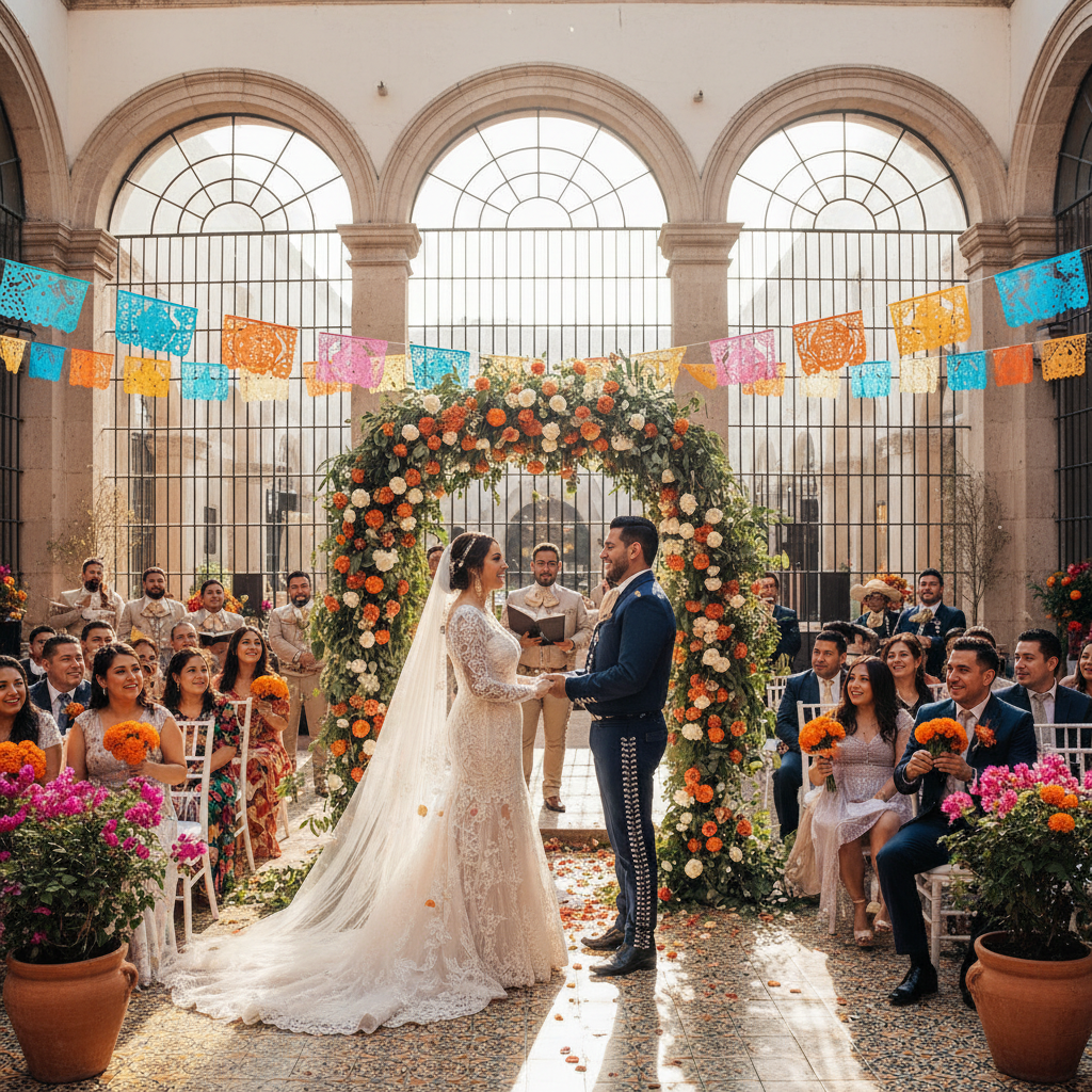 Bride and groom exchanging vows under a floral arch in a sunlit Napa Valley garden