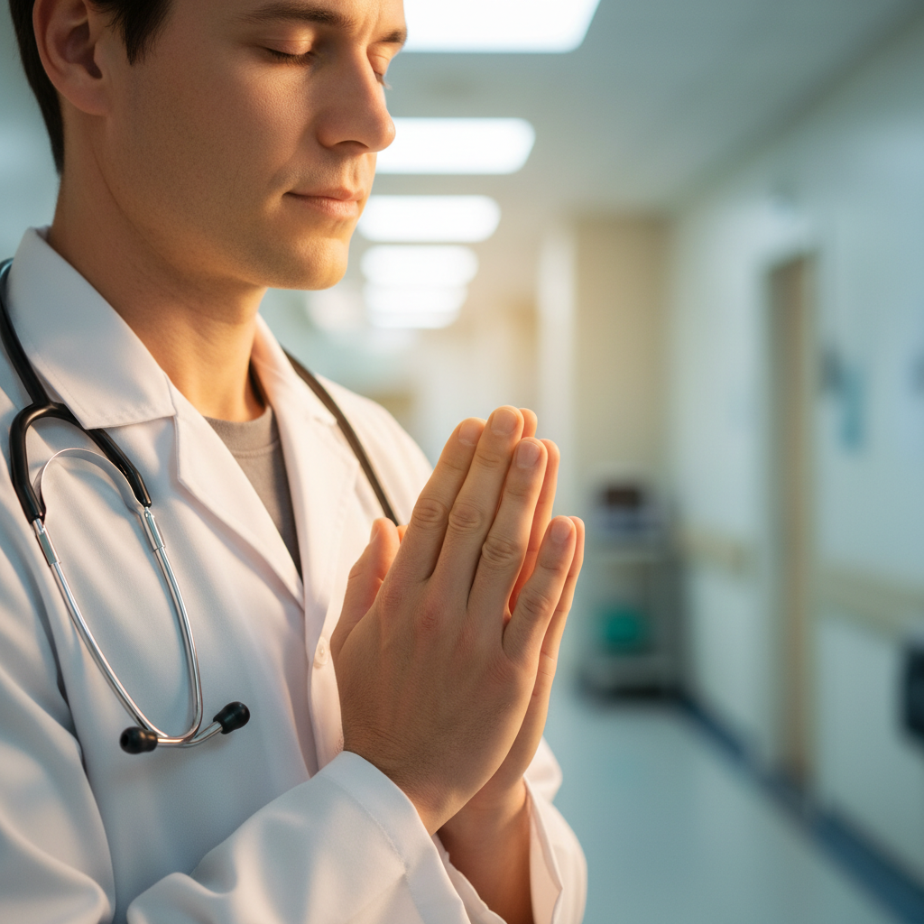 Doctor in white coat with stethoscope, hands folded in prayer or reflection, warm clinical light — spiritual health from a medical perspective