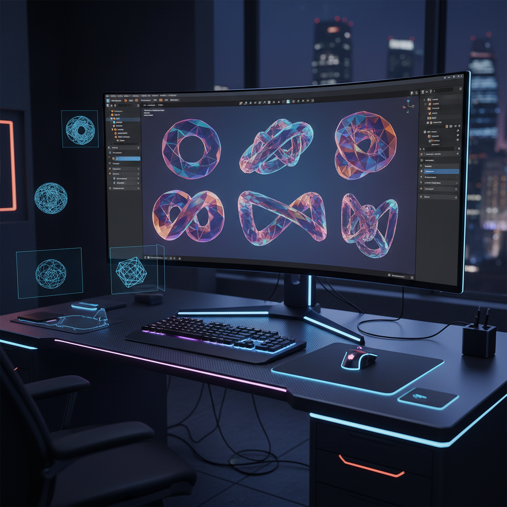 3D modeling software interface showing abstract geometric objects with ambient lighting, dark professional workspace with glowing elements