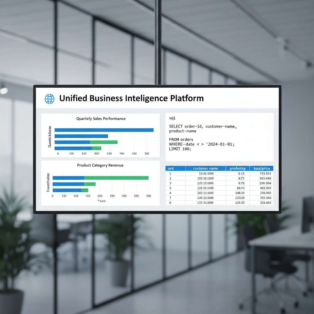 Dashboard de analytics con gráficos de datos y tablas de resultados de consultas SQL
