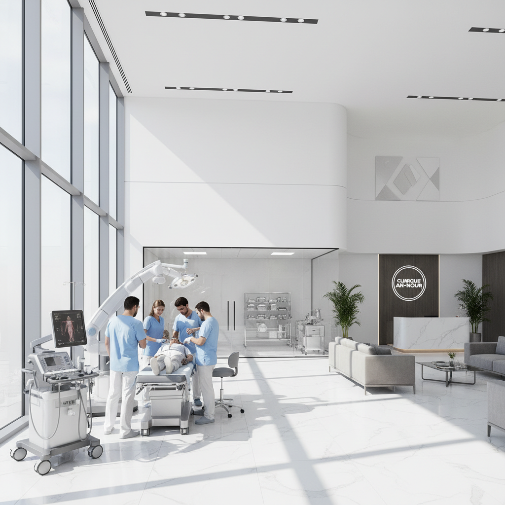 Warm modern South African clinic interior with natural light streaming through large windows, friendly smiling doctor in white coat at reception, calm and welcoming atmosphere