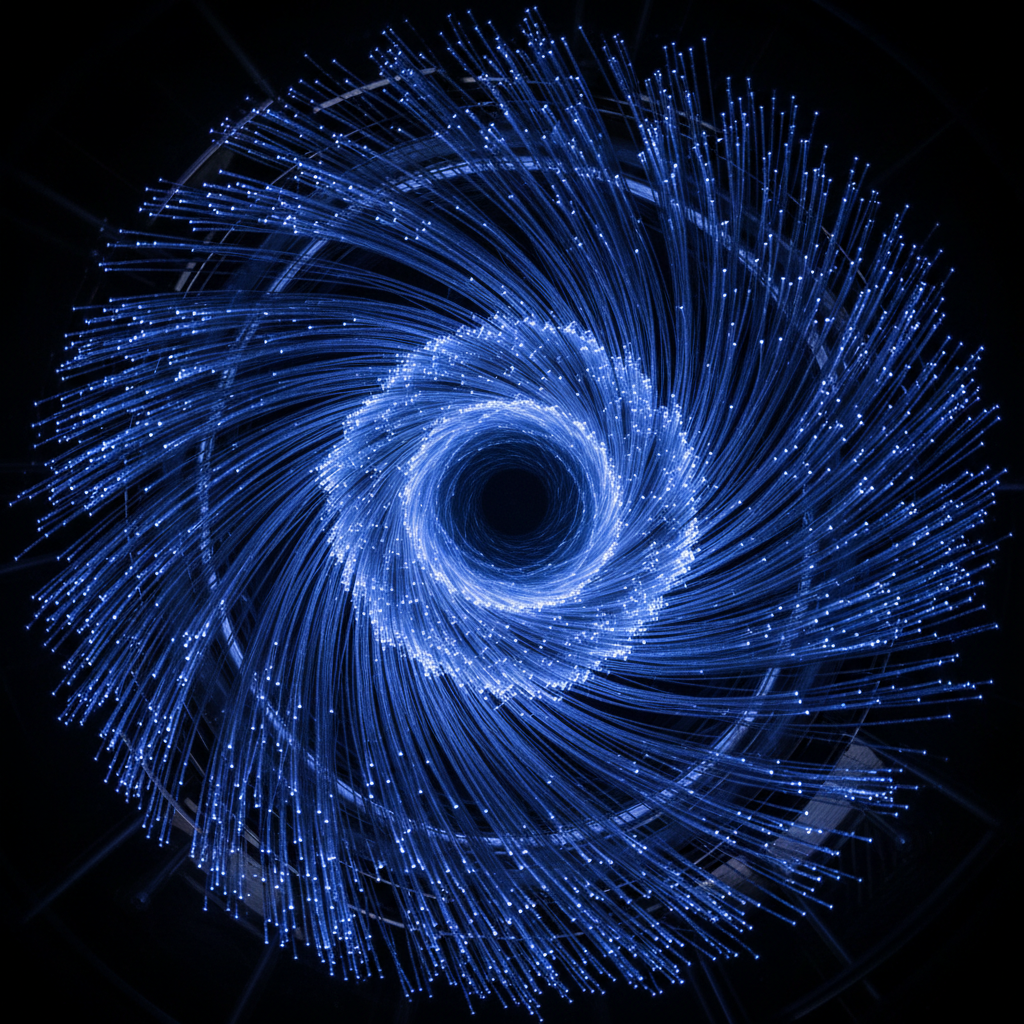 Upward angle view of fiber optic cables converging into darkness with indigo glow