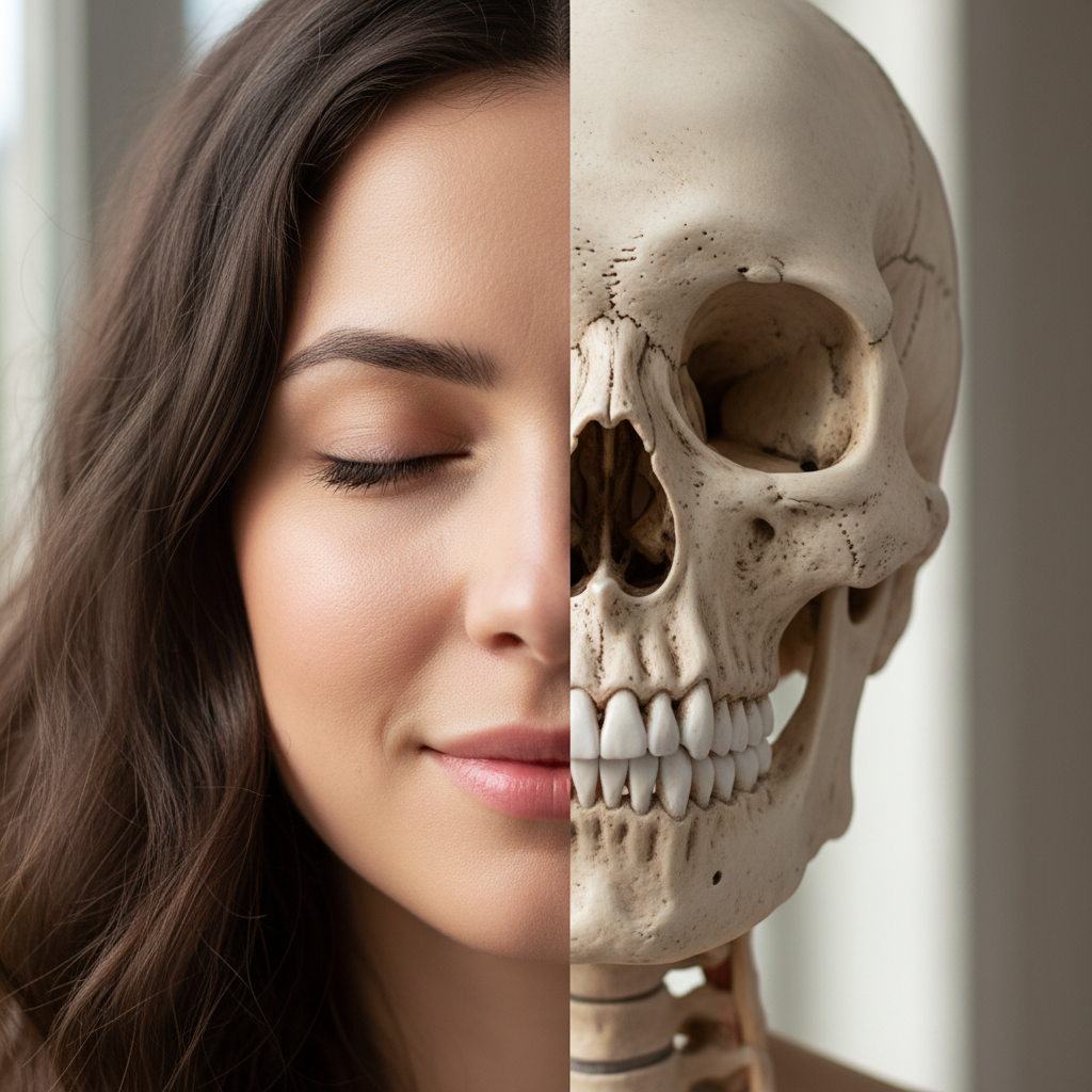 Final half-skull editorial: left side natural beauty, right side skeletal