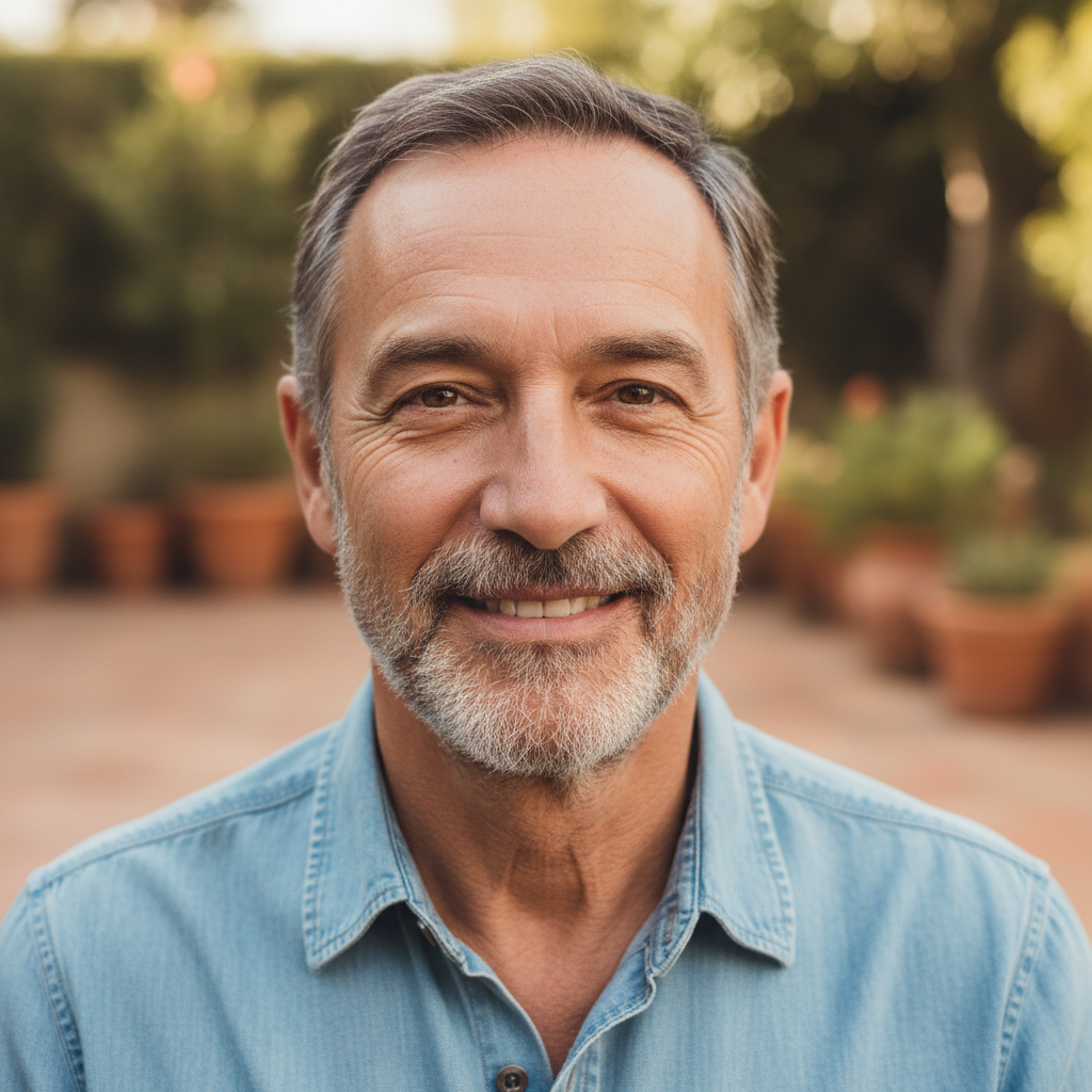 Australian man with sandy hair and light beard, relaxed outdoor expression, sun-weathered complexion