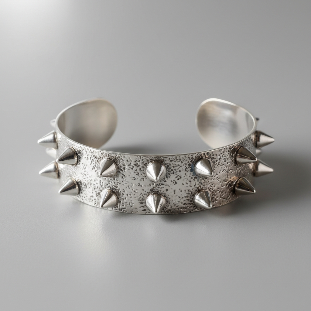 Hammered silver cuff bracelet with spike detail