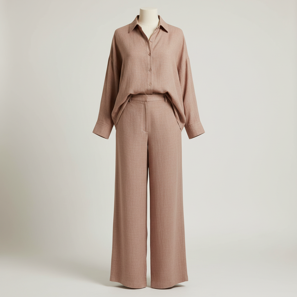Elegant crepe co-ord set, minimal clean background, professional styling