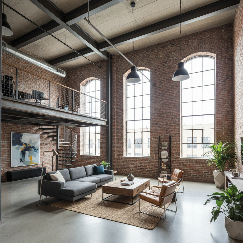 Industrial-chic loft interior with exposed brick, steel beams, and designer furniture in converted warehouse