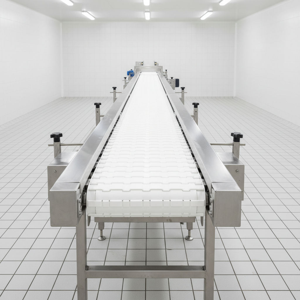 Industrial stainless steel food processing conveyor equipment in meat processing facility
