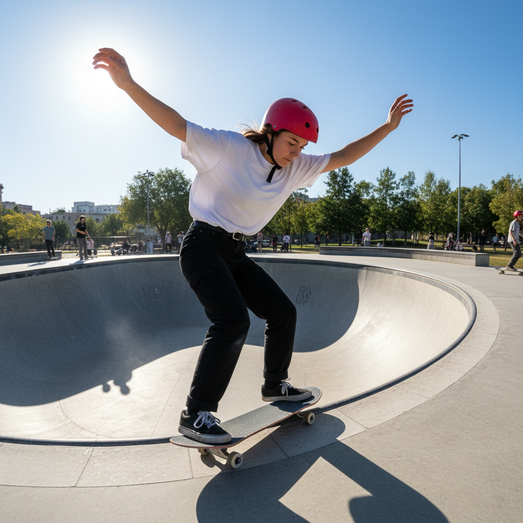 Female skater dropping into a halfpipe, helmet on, arms extended for balance