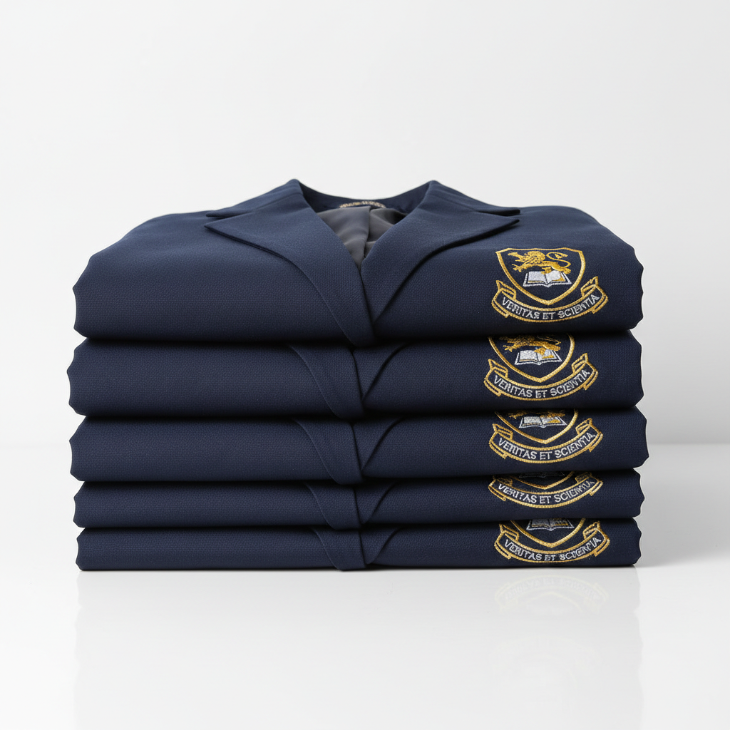 Neatly folded school uniform shirts with school crest embroidery in blue and white on wooden surface