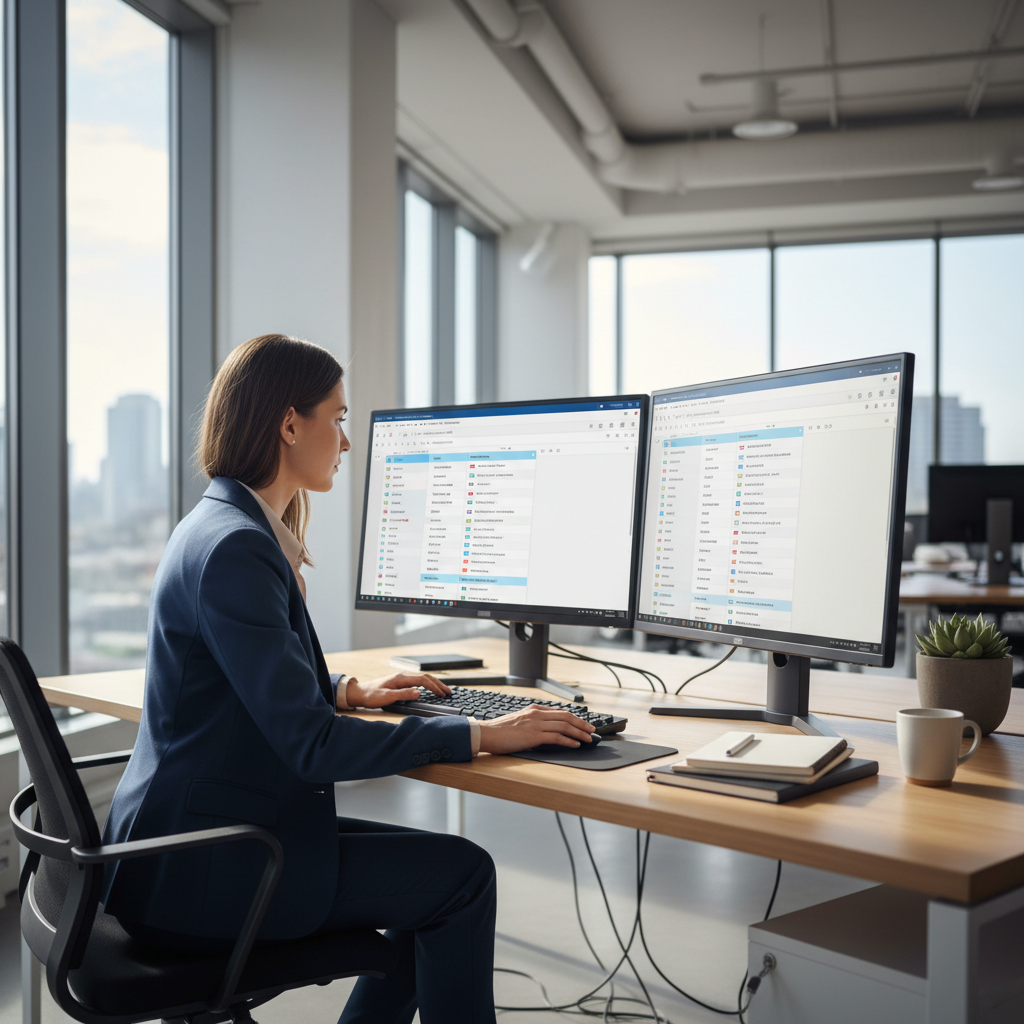 Professional reviewing organised email inbox on laptop showing clean categorised messages in a UK office