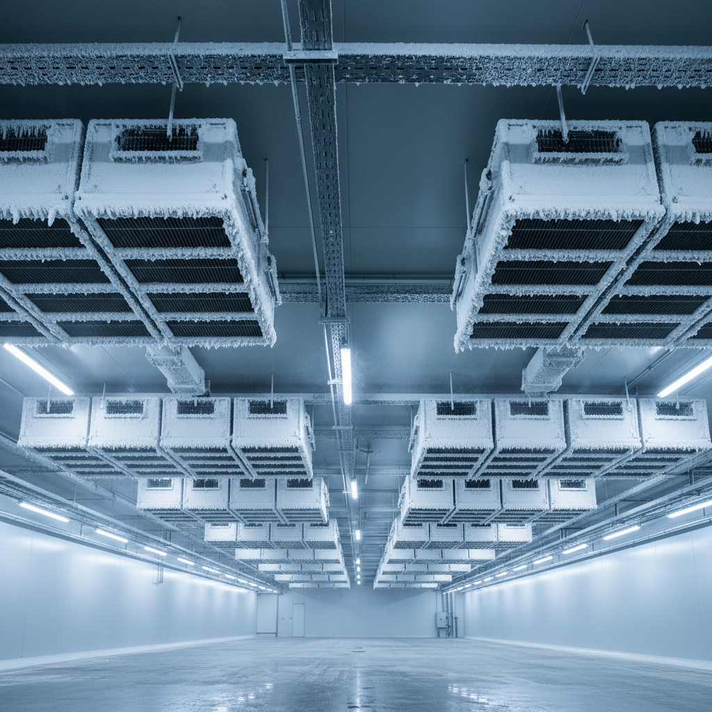 Cold storage warehouse with refrigerated units, dim blue-tinted lighting, dark industrial storage environment