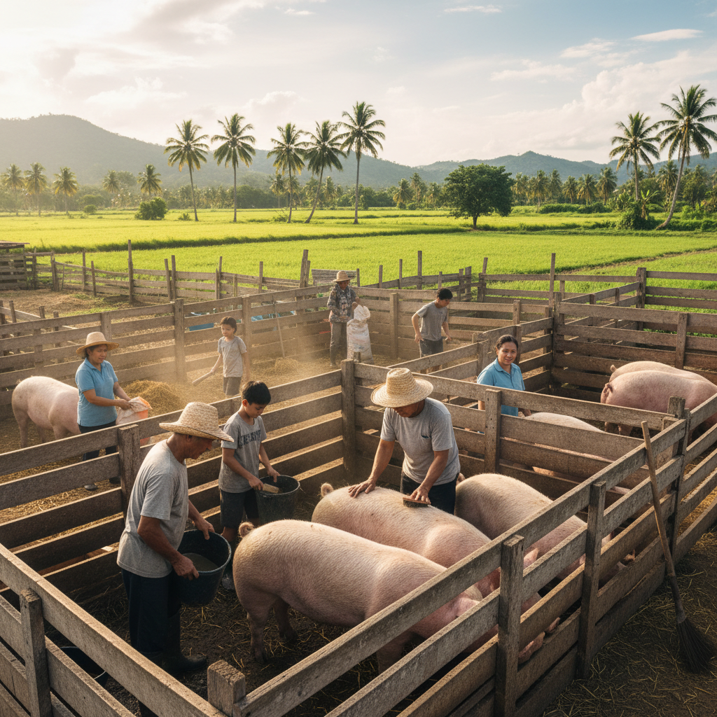 Filipino family of four smiling together in rural farm setting with traditional wooden house
