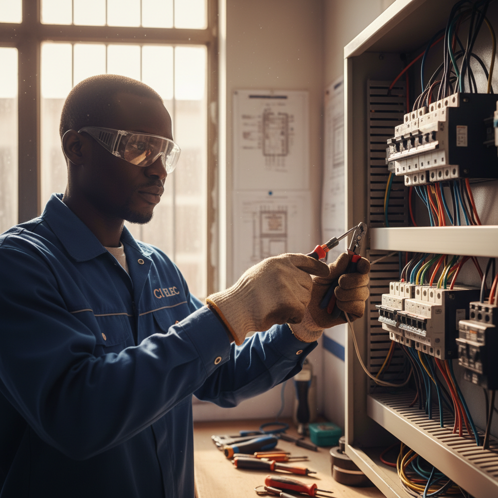 Électricien africain professionnel travaillant sur un tableau électrique à Abidjan