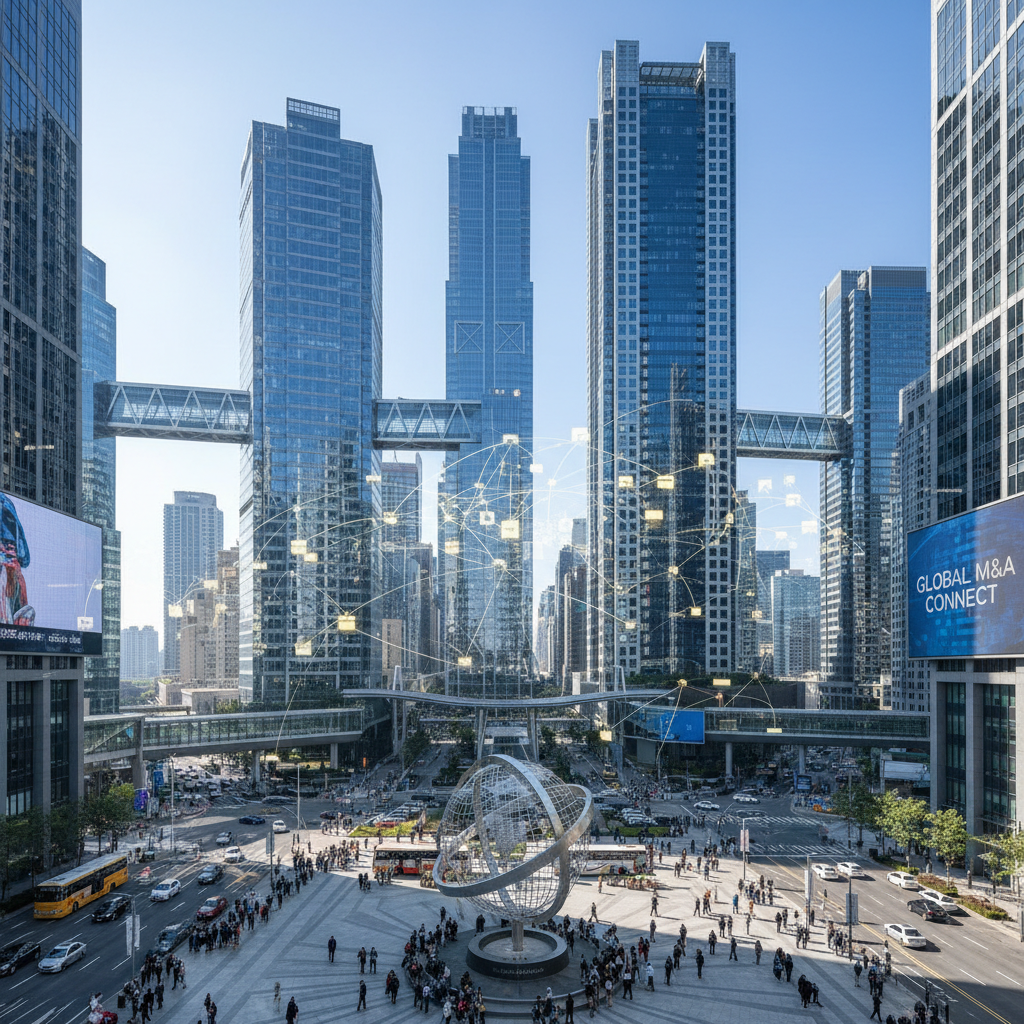 Global financial district skyline representing cross-border M&A activity