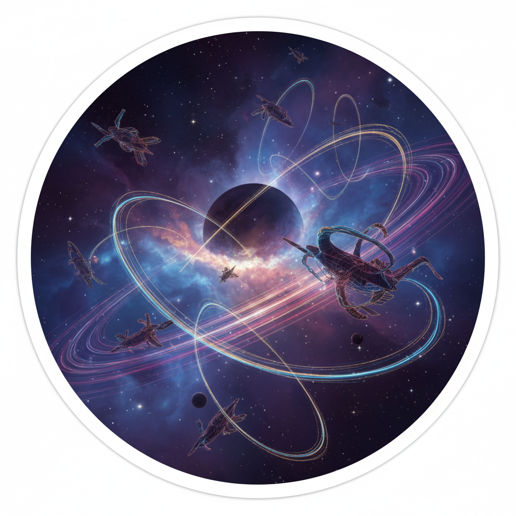 Vibrant animated universe concept — dark space background with colorful glowing character silhouettes and dynamic energy trails