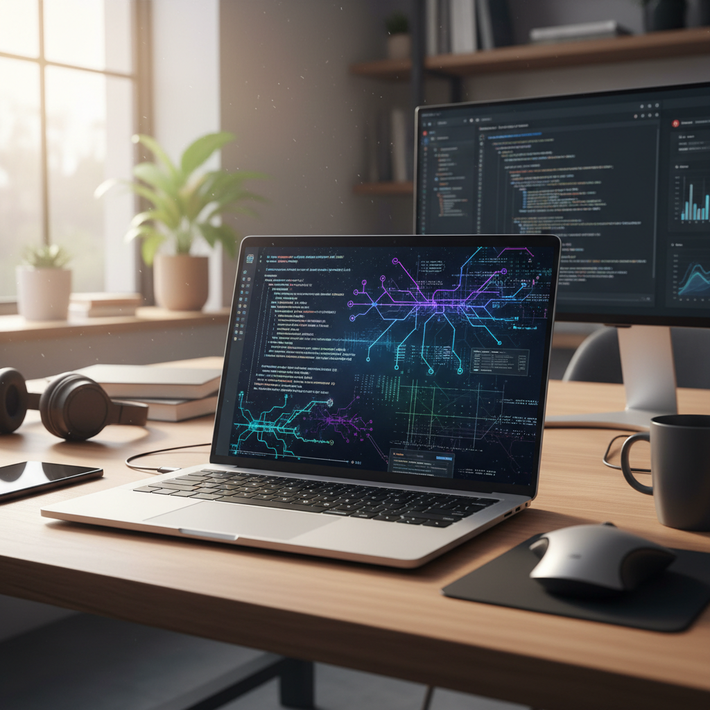 Developer working on laptop with code editor showing AI integration code, clean desk setup