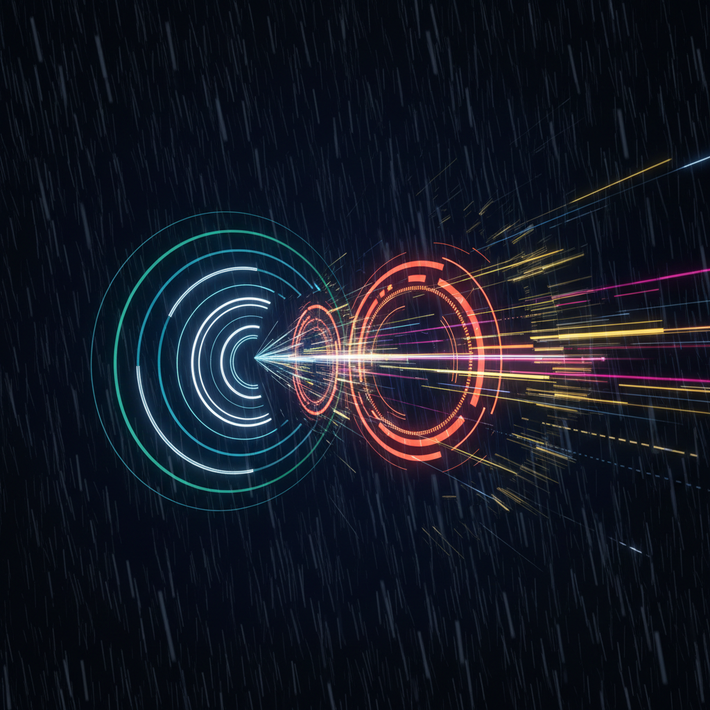 Abstract sensor sweep visualization in rain, radar and camera modules illustrated with light trails, dark background