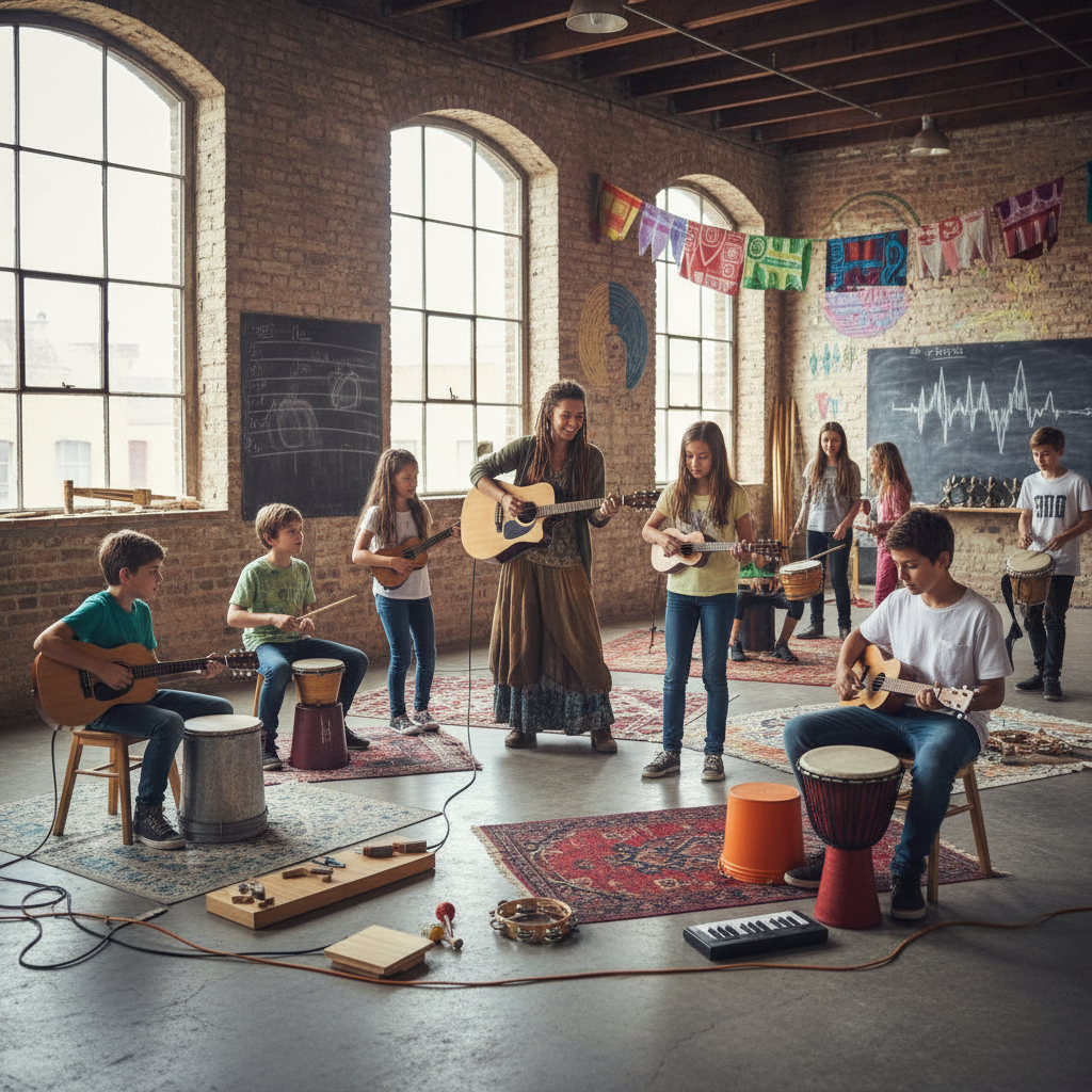 Young musicians in a creative workshop setting, learning and performing together