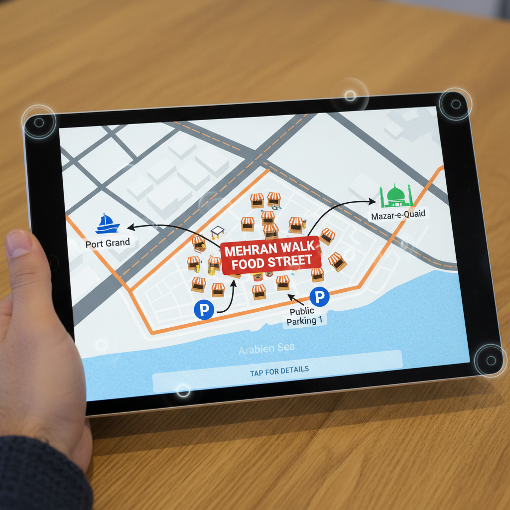 Interactive map showing Mehran Walk Food Street location in Karachi with nearby landmarks and parking areas