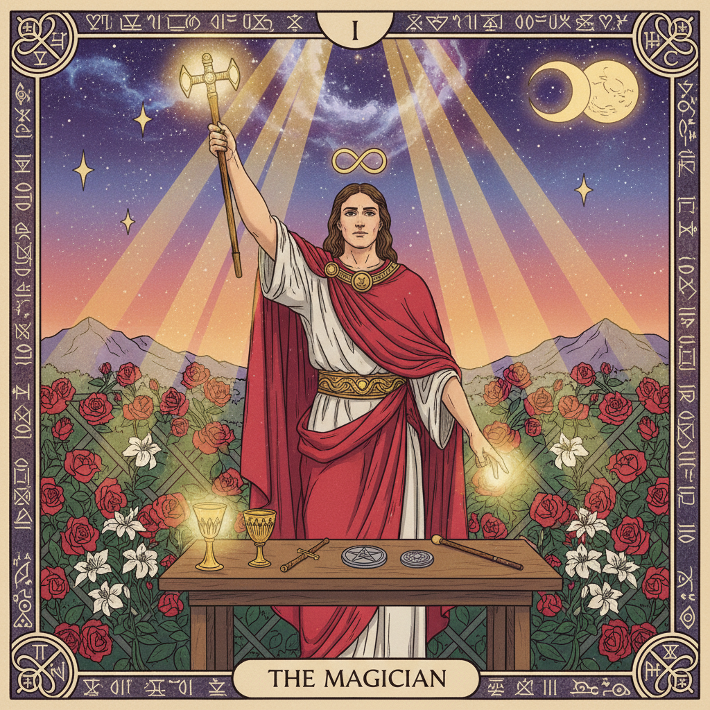 The Magician Major Arcana tarot card — a powerful figure with one hand raised to the sky and one pointing to the earth, surrounded by mystical symbols and celestial light