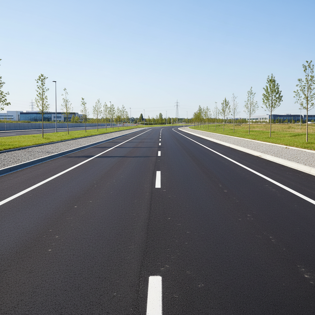 Completed service road with fresh asphalt and painted markings at HDB estate