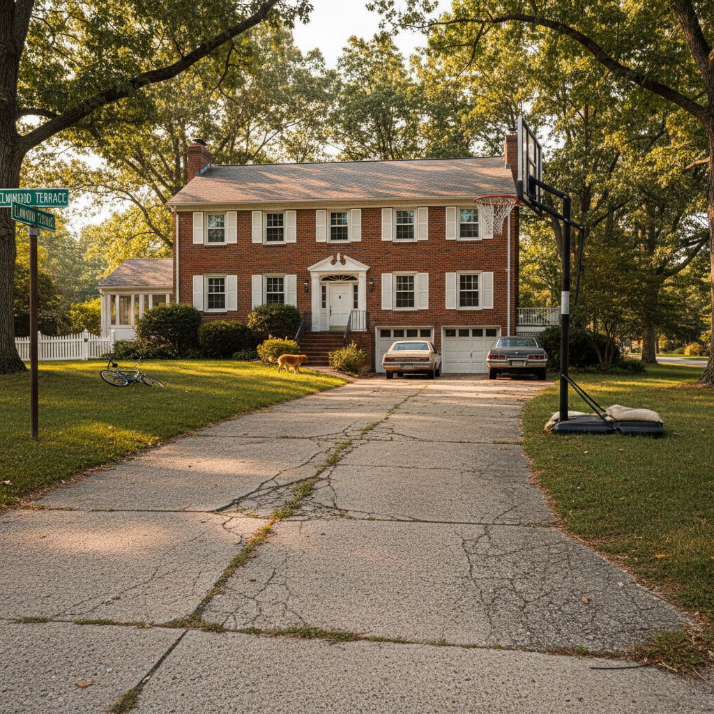 Brick colonial on Elmwood Terrace with 16 panels, cracked driveway, basketball hoop, classic American suburb