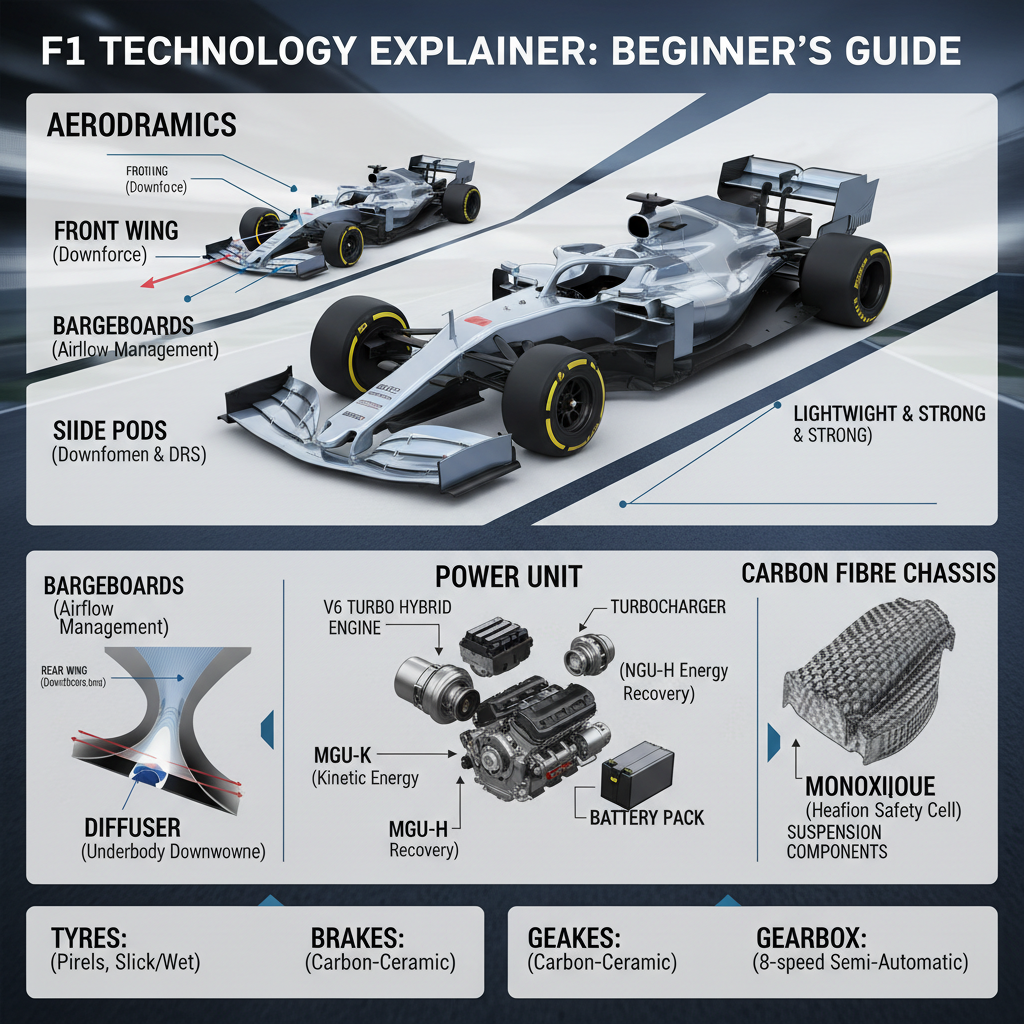 Formula 1 car on track at speed — beginner guide to F1 car engineering, aerodynamics, and components