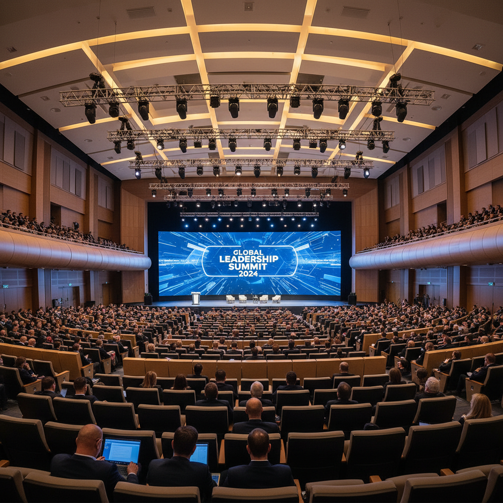 Large corporate event venue with professional stage lighting, branded backdrops, and rows of attendee seating