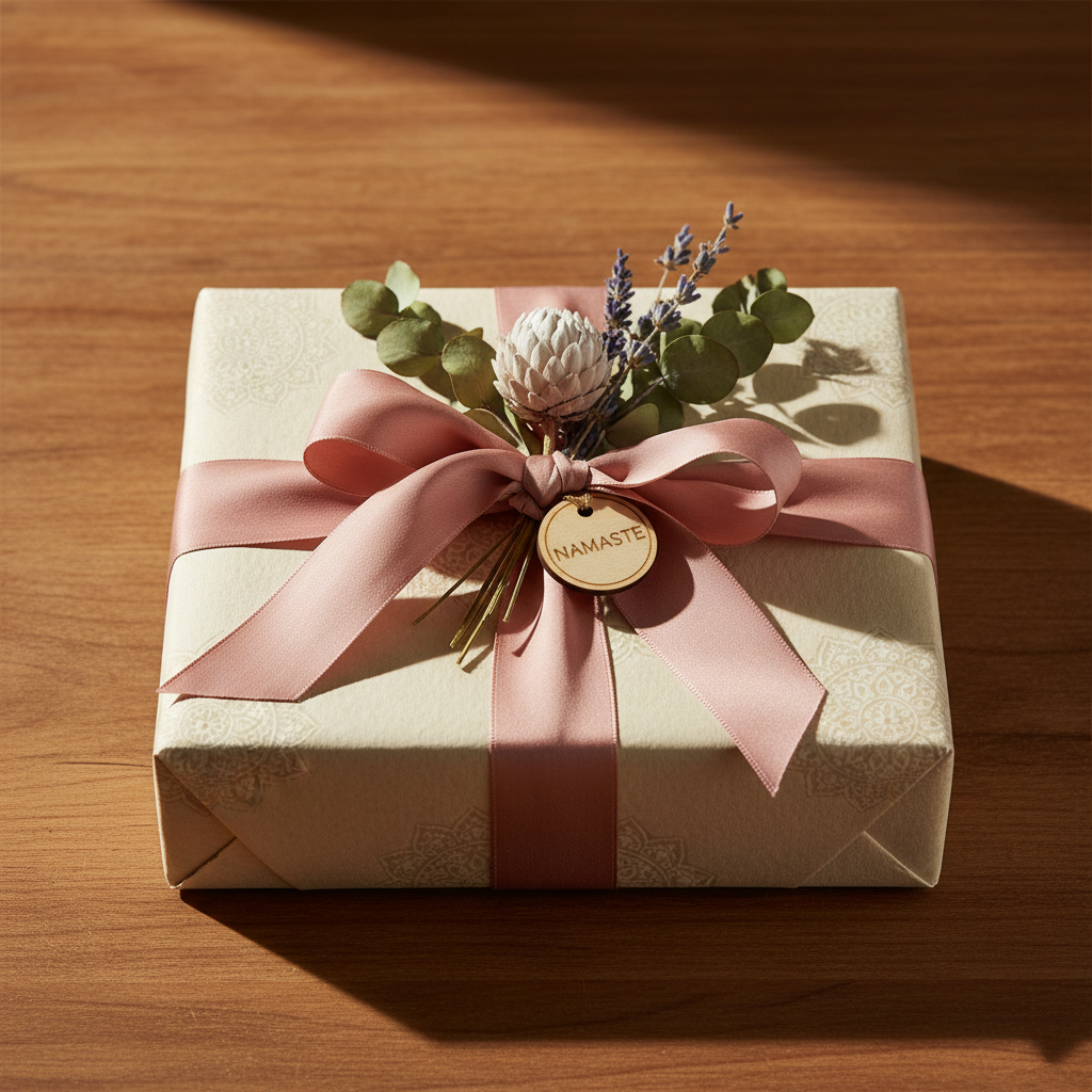Beautifully wrapped yoga gift box with ribbon and botanical decoration on warm wooden surface