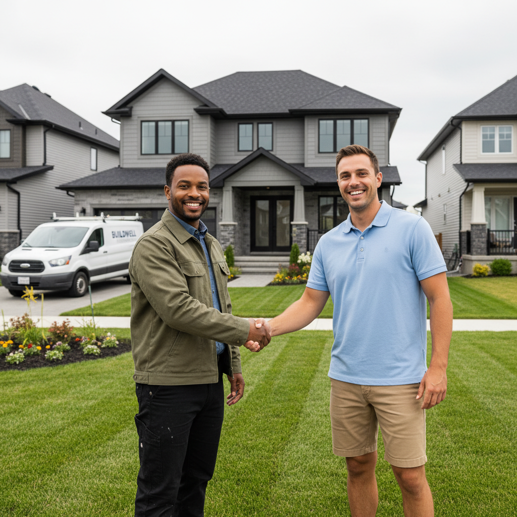 Professional contractor shaking hands with homeowner outside a residential property, bright overcast day, clean suburban setting