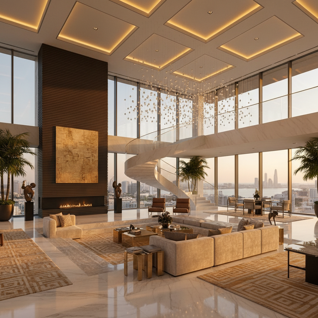 Dubai luxury sky villa with panoramic desert city views, dark interior, golden city lights at dusk, deep contrast
