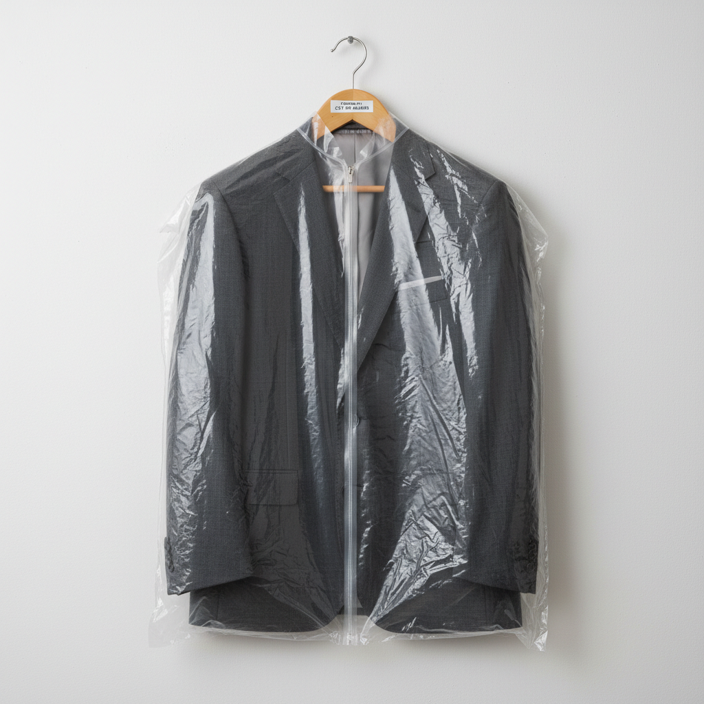 Freshly dry-cleaned suit jacket hanging on a hanger in clear garment bag