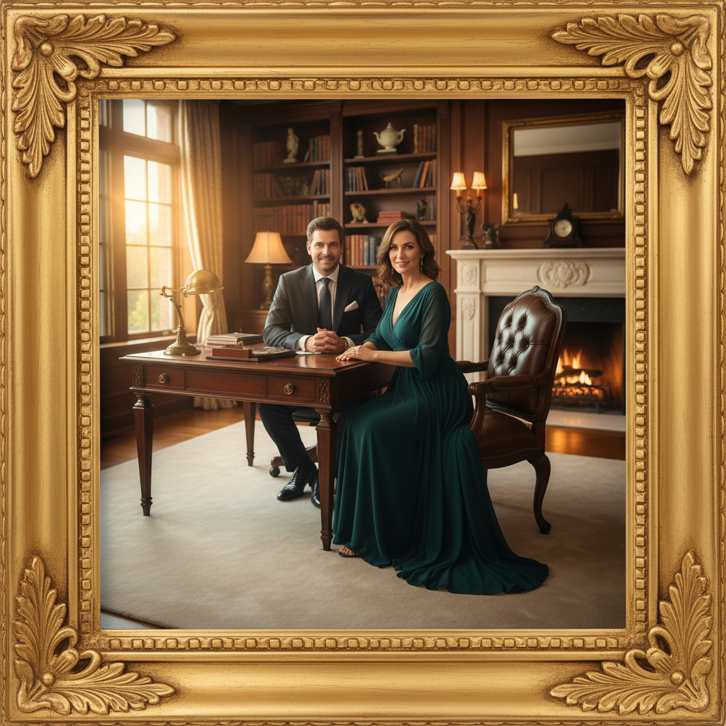 Executive leather desk photo frame with gold nameplate on dark wood office desk, professional corporate setting