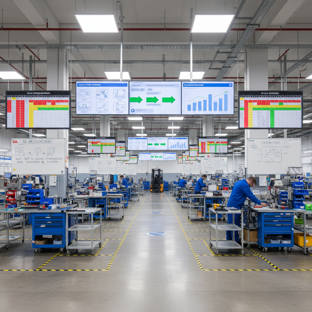 Packaging operations floor with multiple workstations and organized product flow, clean environment