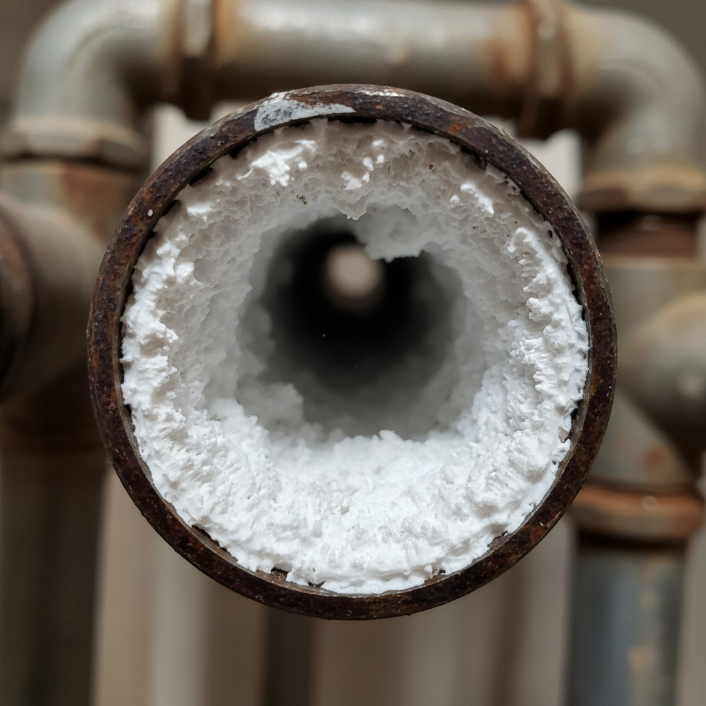 Close-up of white calcium scale deposits coating a metal water pipe interior