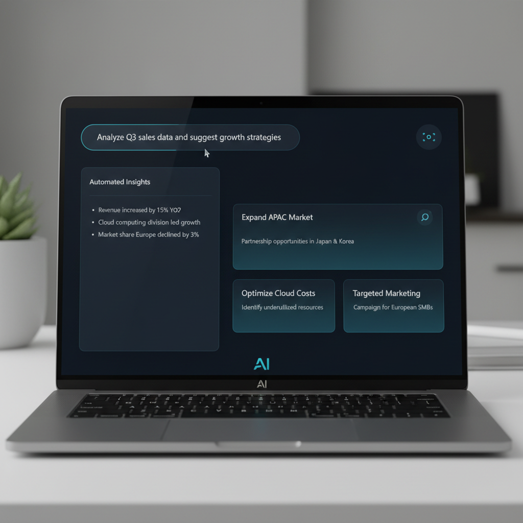 Microsoft Copilot interface on laptop screen showing AI agent completing automated workflow tasks