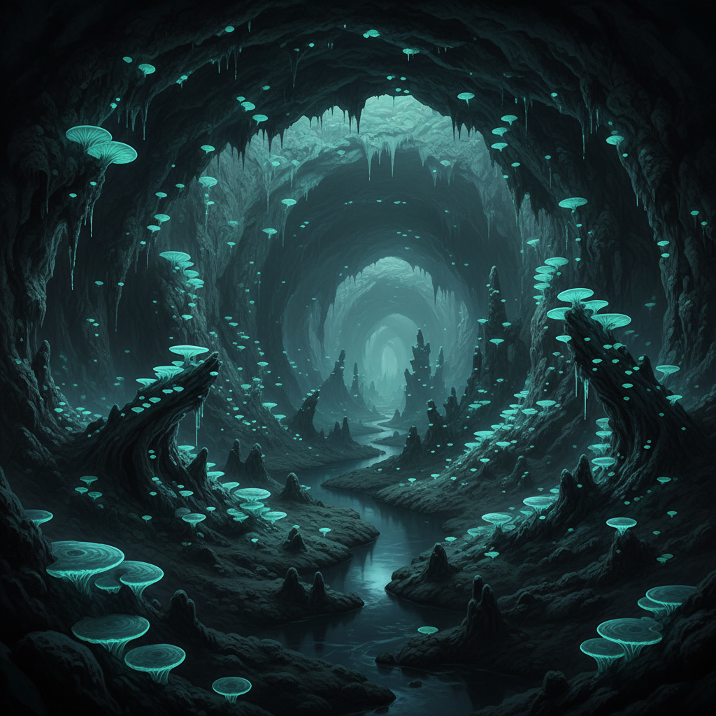 Bioluminescent underground cave with glowing blue mushrooms, mysterious dark atmosphere