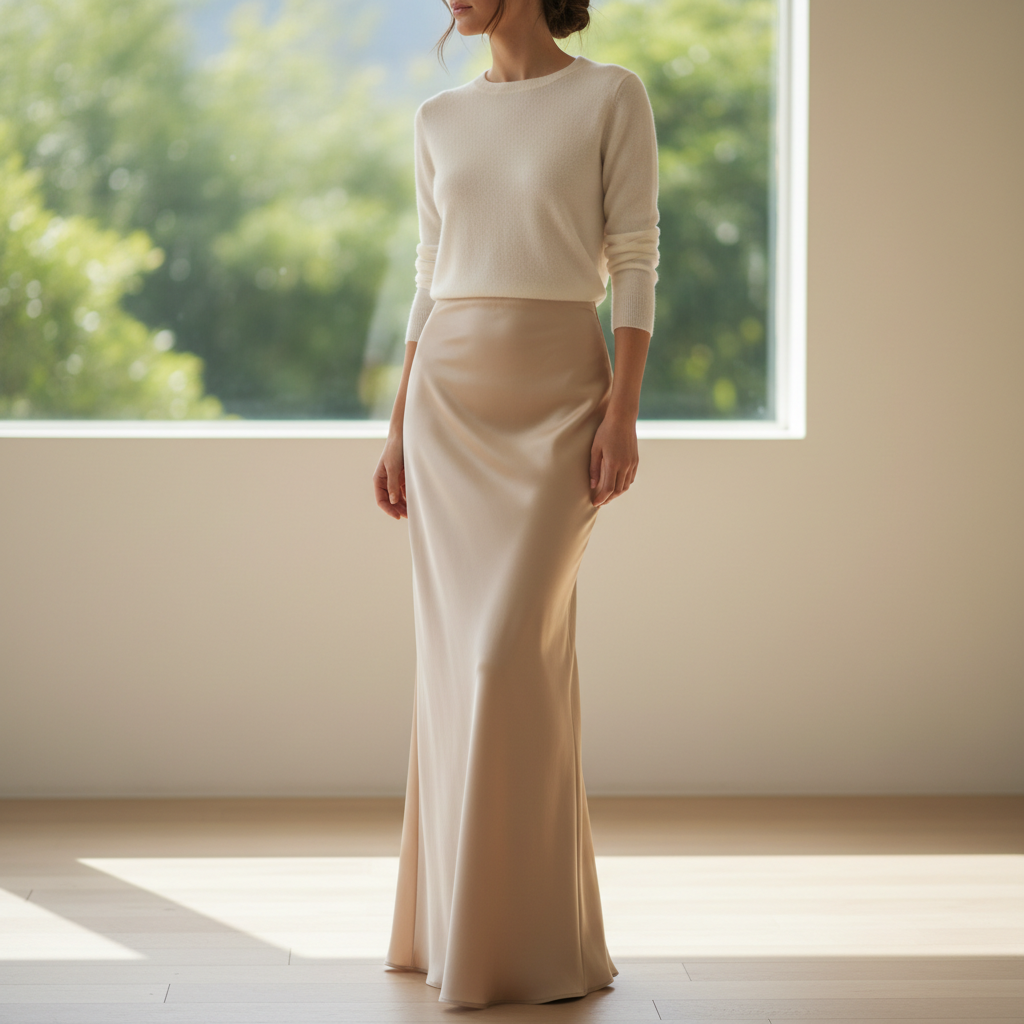 Silk slip skirt in champagne ivory, soft natural window light, elegant styling