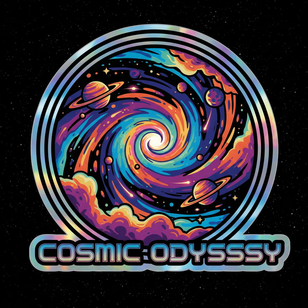 Cosmos Chrome retro sci-fi holographic sticker by artist Cleo Okafor with space theme