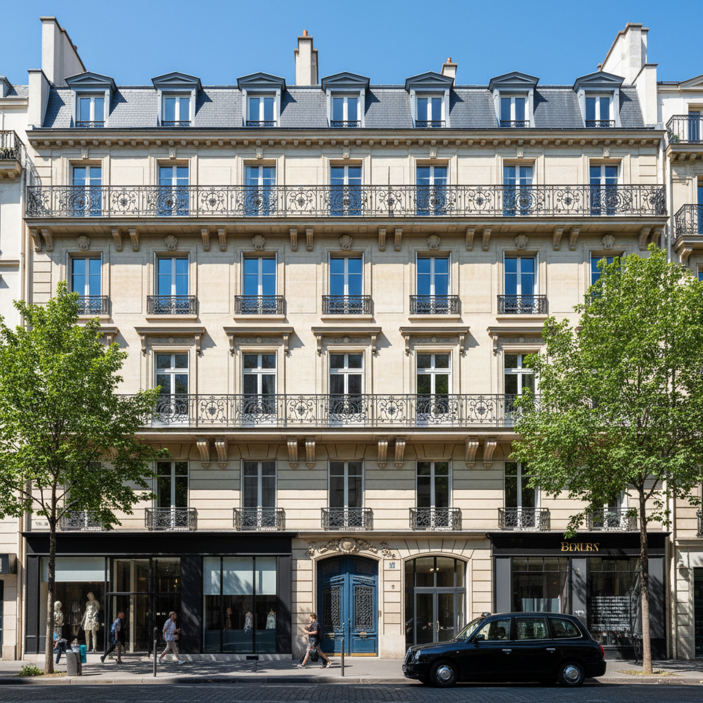 Façade d'immeuble haussmannien parisien avec monte-charge installé, journée ensoleillée