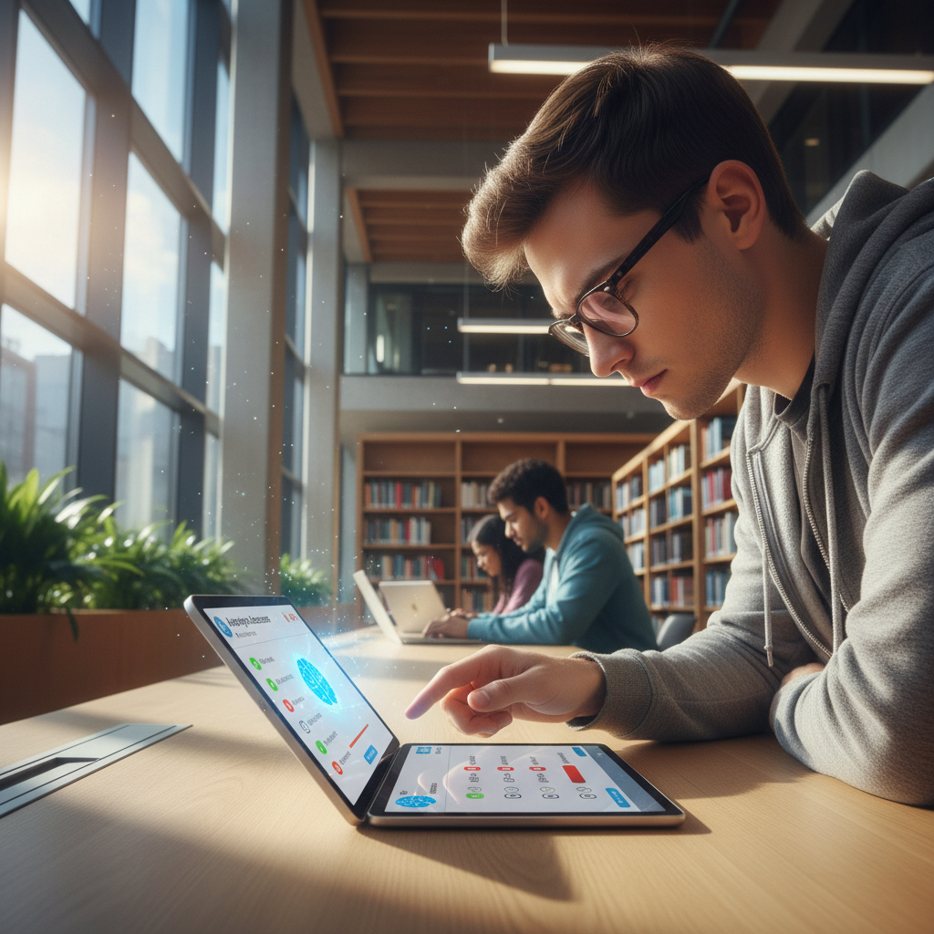 Student using AI tools on laptop in modern library setting