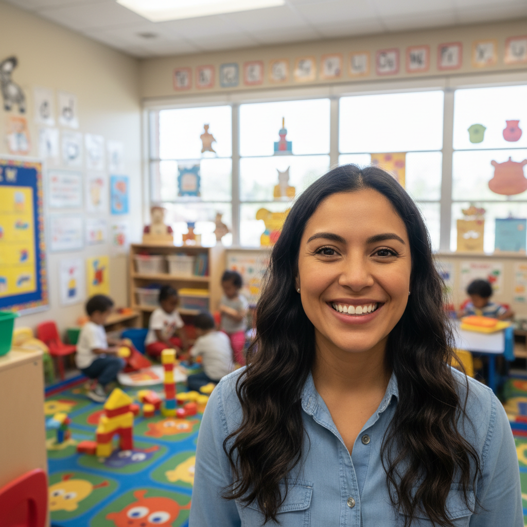 Latina woman in bright daycare classroom smiling confidently