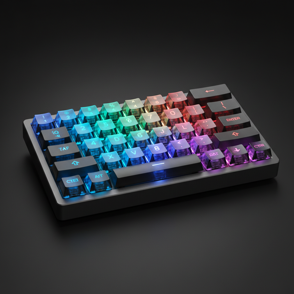Illuminated mechanical keyboard on dark desk, RGB lighting