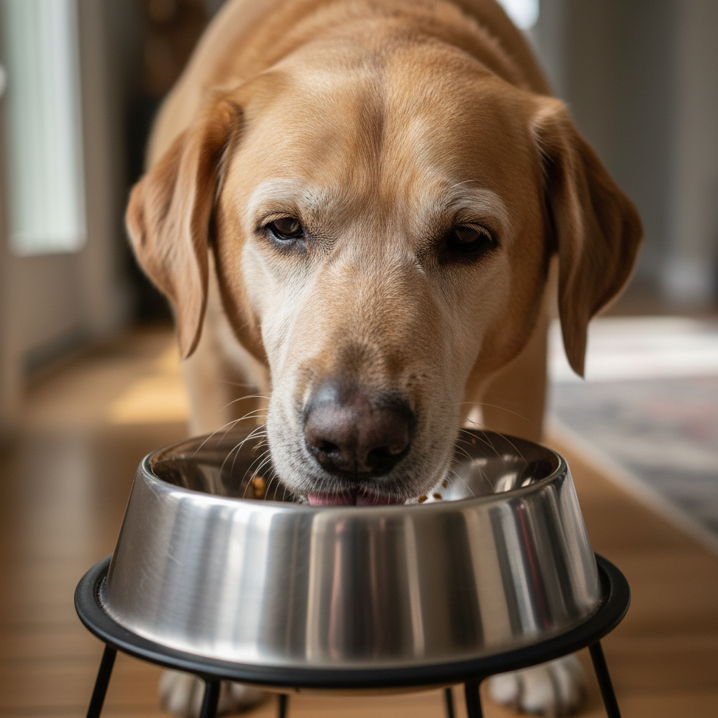 Senior Labrador with bright eyes sitting by a food bowl