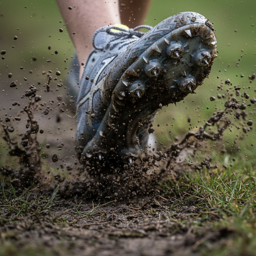 Close-up of a cross-country spike shoe mid-strike, mud exploding from the sole plate, individual grass blades bending and snapping, every rivet and hex stud visible